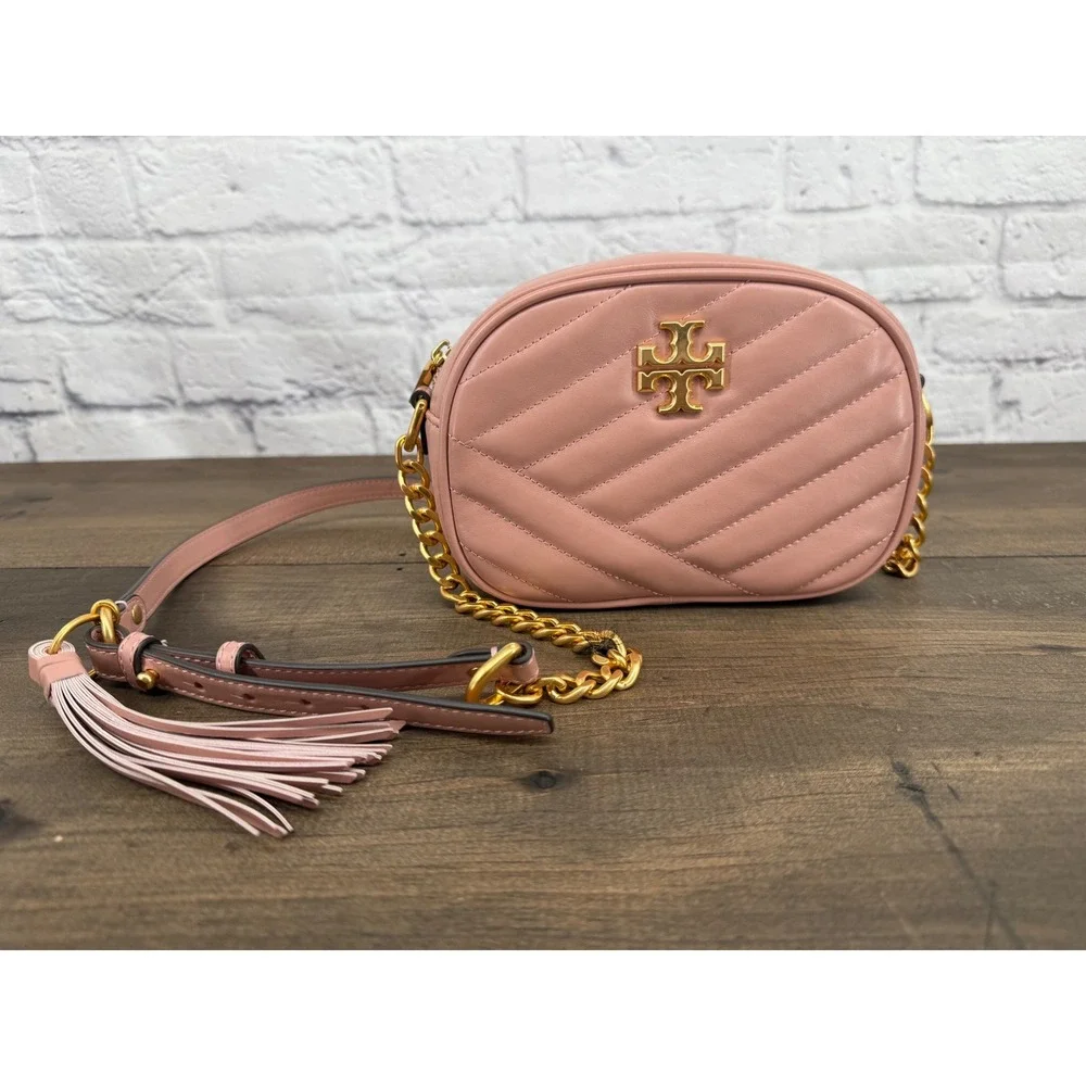 Tory Burch Kira Chevron Small Camera Bag Pink Moon Quilted Leather Crossbody